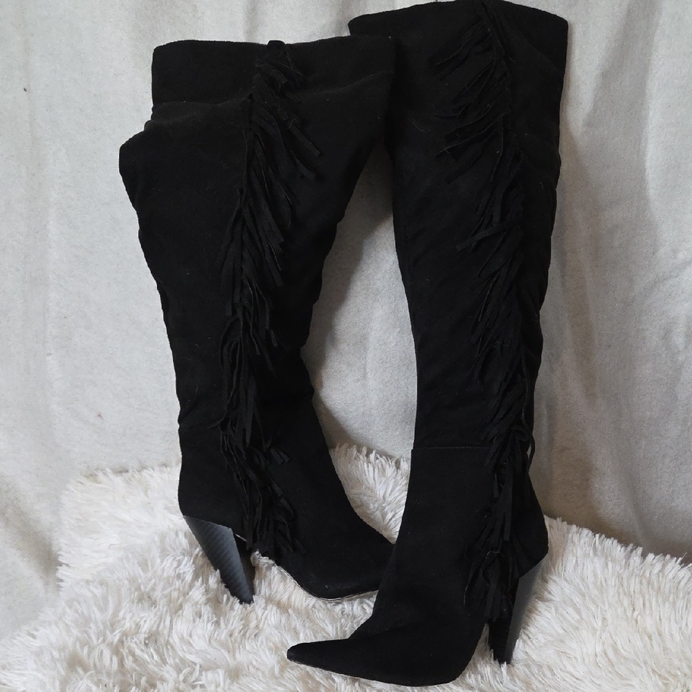 Express Black Over the Knee Fringe Boots